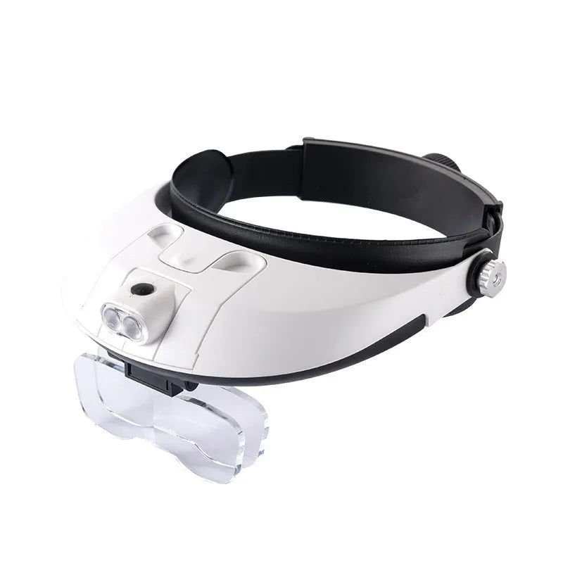 LED headband magnifier with five interchangeable acrylic lenses and dual LED lights for hands-free detailed work
