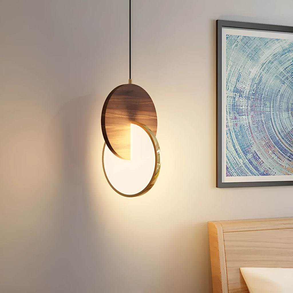 Wall-mounted long-line walnut wood chandelier with minimalist design and warm white lighting