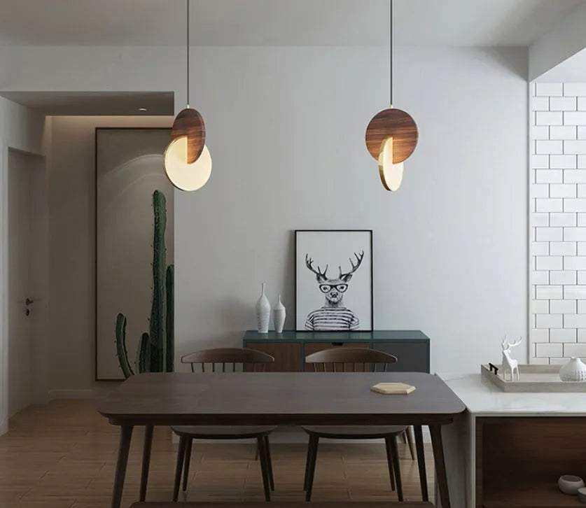 Wall-mounted long-line walnut wood chandelier with minimalist design and warm white lighting