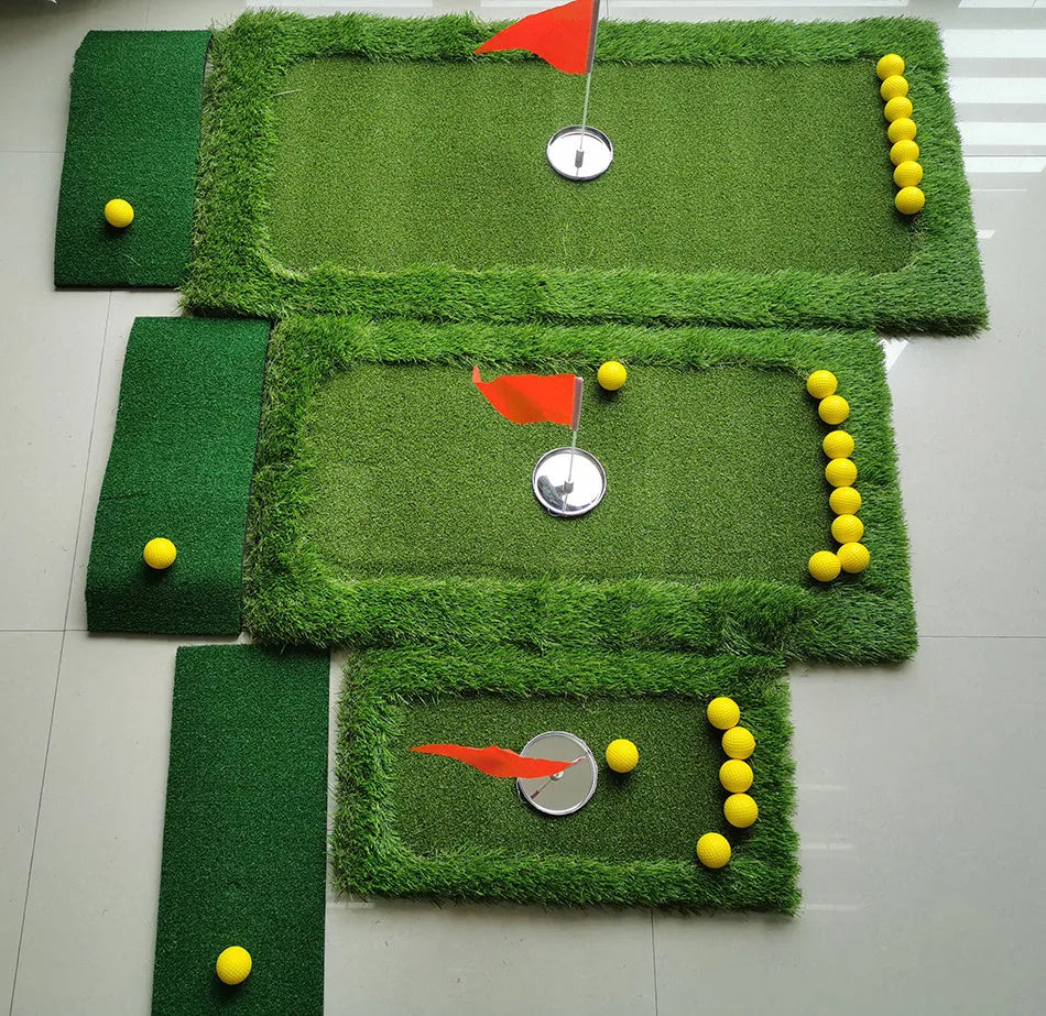 Green golf practice mat with artificial turf on a cushioned EVA foam base.