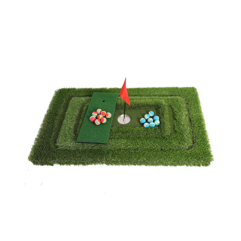 Green golf practice mat with artificial turf on a cushioned EVA foam base.