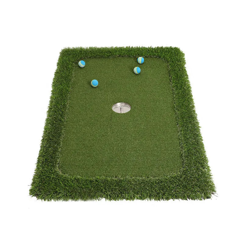 Green golf practice mat with artificial turf on a cushioned EVA foam base.