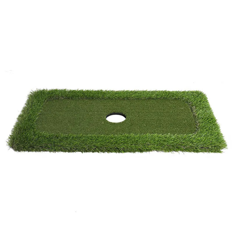 Green golf practice mat with artificial turf on a cushioned EVA foam base.