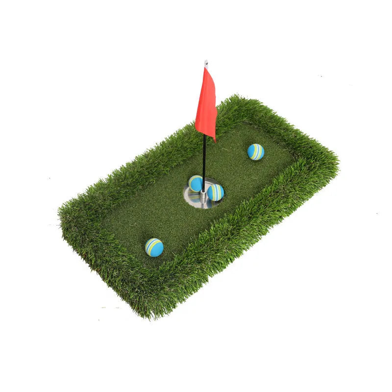 Green golf practice mat with artificial turf on a cushioned EVA foam base.
