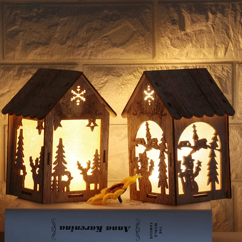 Natural wood Christmas decoration set showing small bell and large house designs with Old Man and snowman.