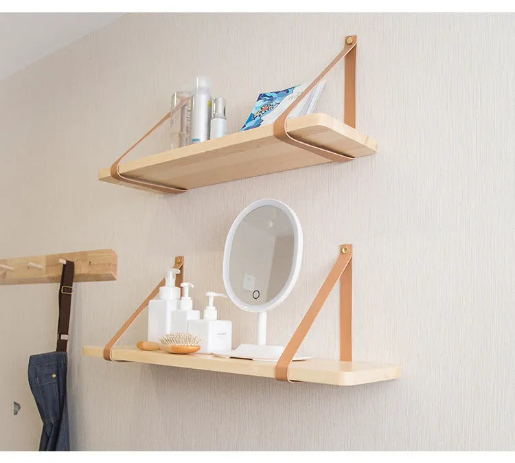 Nordic style pine wood wall storage rack measuring 50cm by 16cm for remote controls and cosmetics
