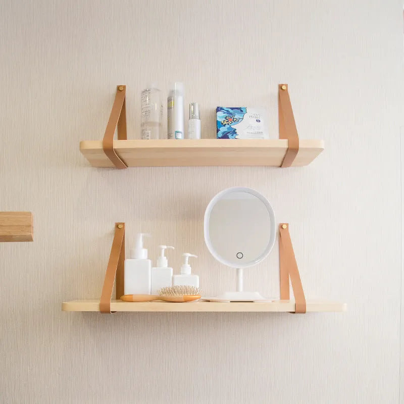 Nordic style pine wood wall storage rack measuring 50cm by 16cm for remote controls and cosmetics