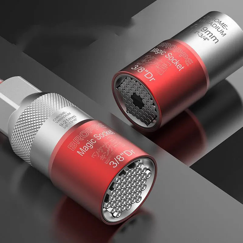 Red multi function socket set with 7-19mm and 9-21mm metric sockets and Type 0 wrench for electric screw applications