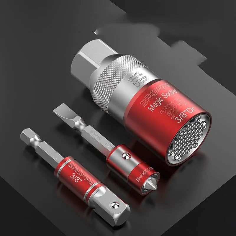 Red multi function socket set with 7-19mm and 9-21mm metric sockets and Type 0 wrench for electric screw applications