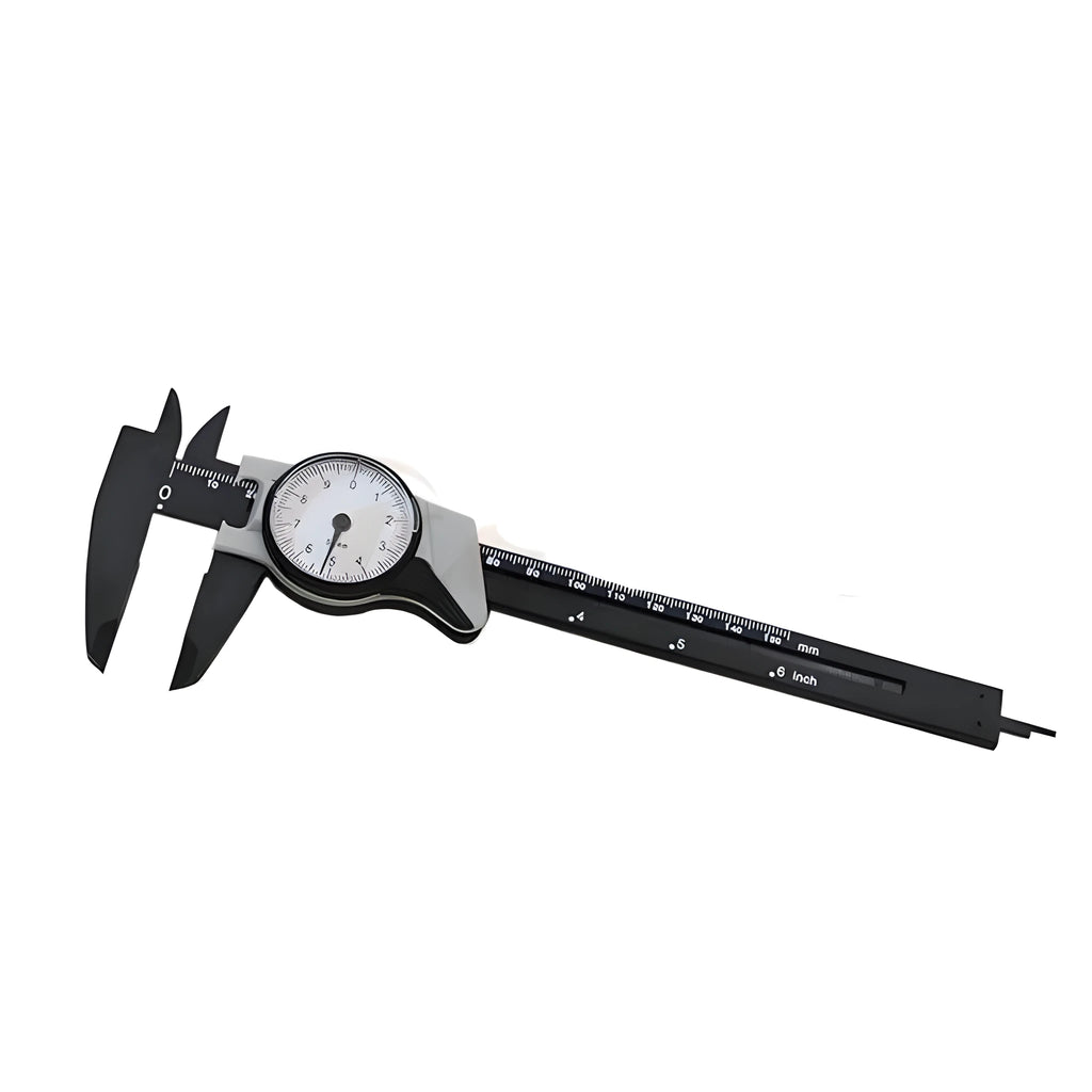 Black and white plastic vernier caliper with stainless steel jaws showing 0-150mm scale