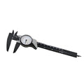 Black and white plastic vernier caliper with stainless steel jaws showing 0-150mm scale