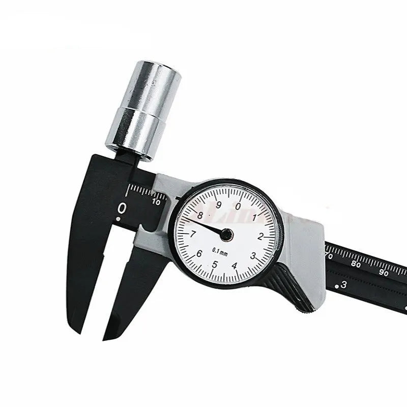Black and white plastic vernier caliper with stainless steel jaws showing 0-150mm scale