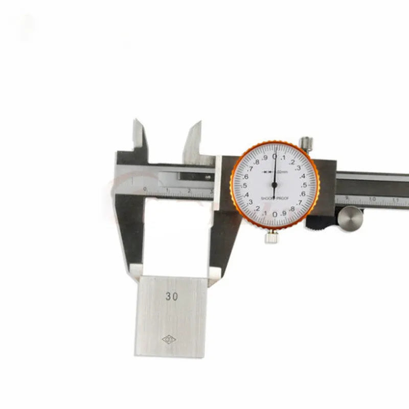 Black and white plastic vernier caliper with stainless steel jaws showing 0-150mm scale