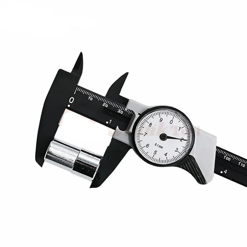 Black and white plastic vernier caliper with stainless steel jaws showing 0-150mm scale