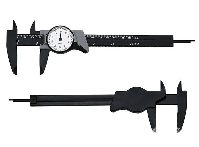 Black and white plastic vernier caliper with stainless steel jaws showing 0-150mm scale