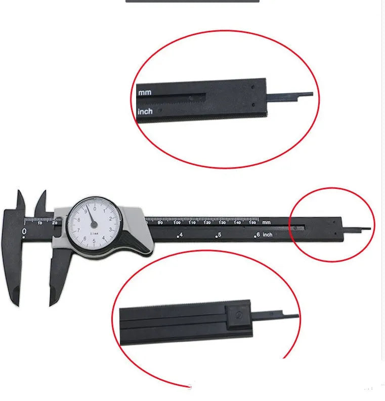 Black and white plastic vernier caliper with stainless steel jaws showing 0-150mm scale