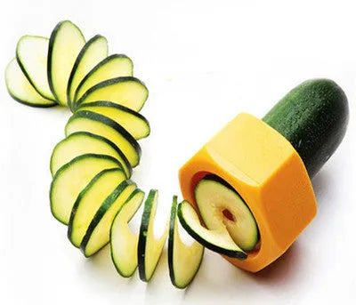 Yellow and green plastic spiral knife vegetable cutter for slicing cucumbers, 8 cm diameter.