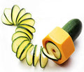 Yellow and green plastic spiral knife vegetable cutter for slicing cucumbers, 8 cm diameter.