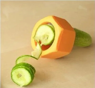 Yellow and green plastic spiral knife vegetable cutter for slicing cucumbers, 8 cm diameter.