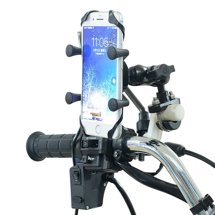 Black aluminium alloy motorcycle phone bracket mounted on a bicycle handlebar, showing adjustable angle.