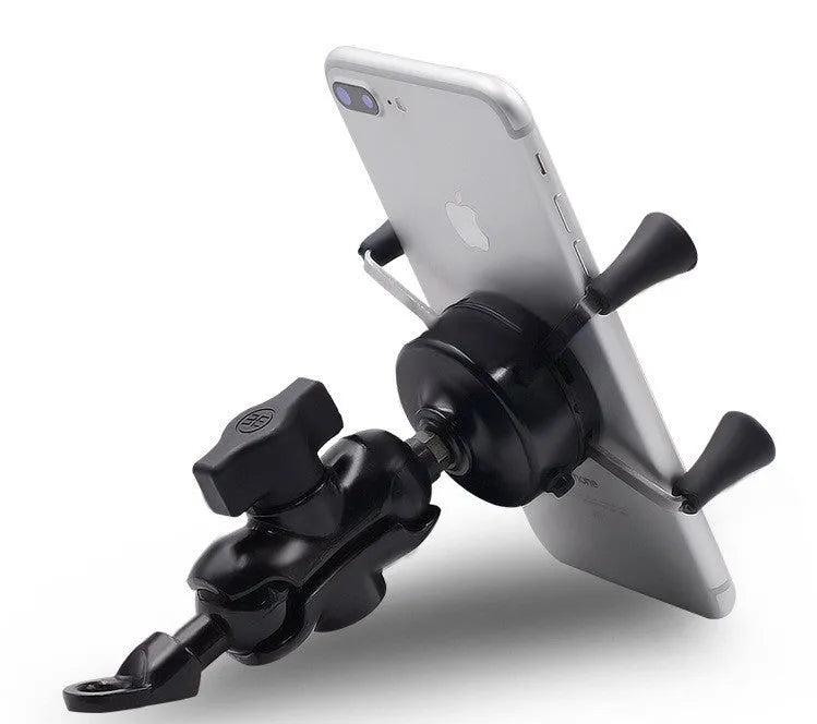 Black aluminium alloy motorcycle phone bracket mounted on a bicycle handlebar, showing adjustable angle.
