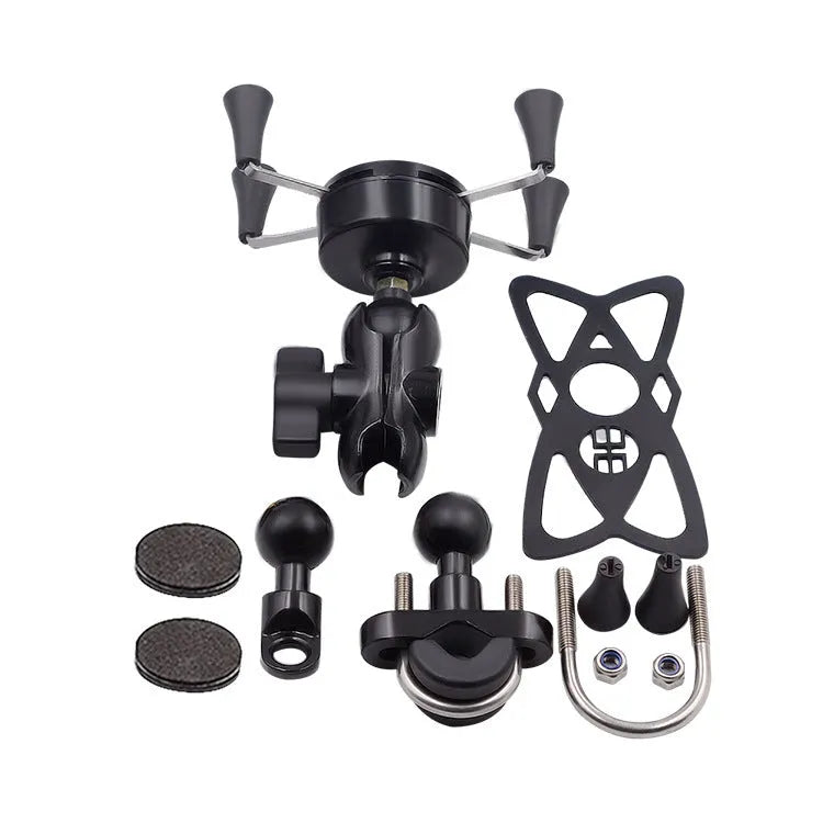 Black aluminium alloy motorcycle phone bracket mounted on a bicycle handlebar, showing adjustable angle.