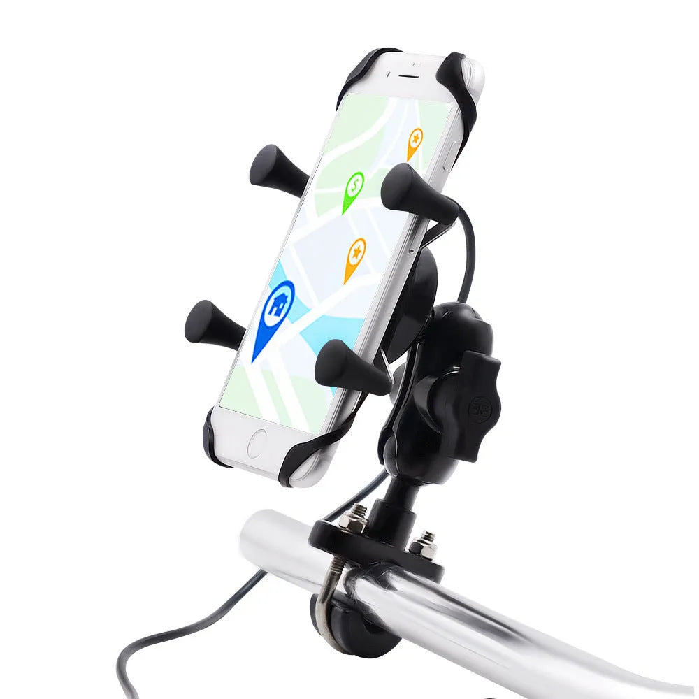 Black aluminium alloy motorcycle phone bracket mounted on a bicycle handlebar, showing adjustable angle.