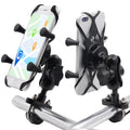 Black aluminium alloy motorcycle phone bracket mounted on a bicycle handlebar, showing adjustable angle.