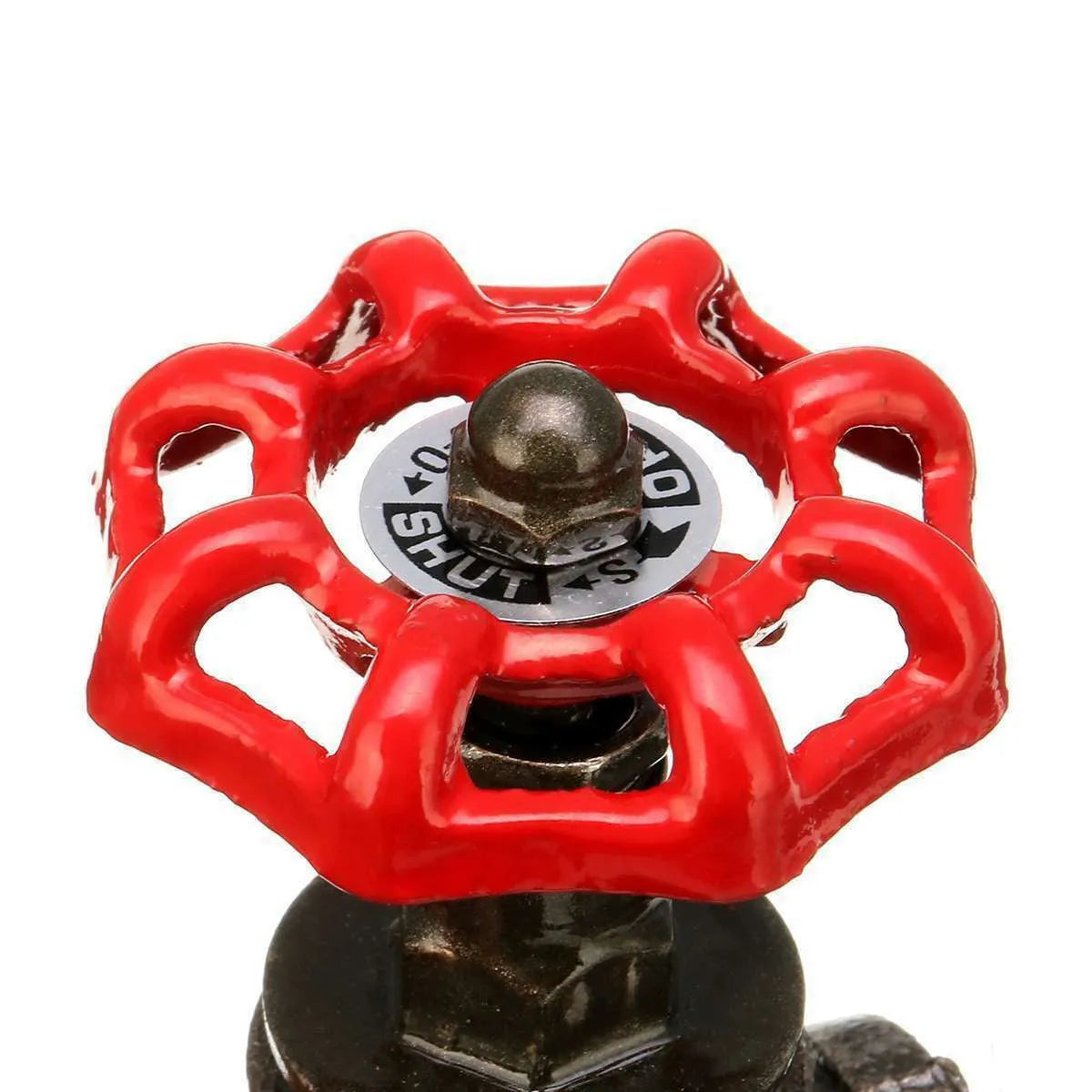 Steampunk industrial valve with grey copper finish, red switch, and visible brass components