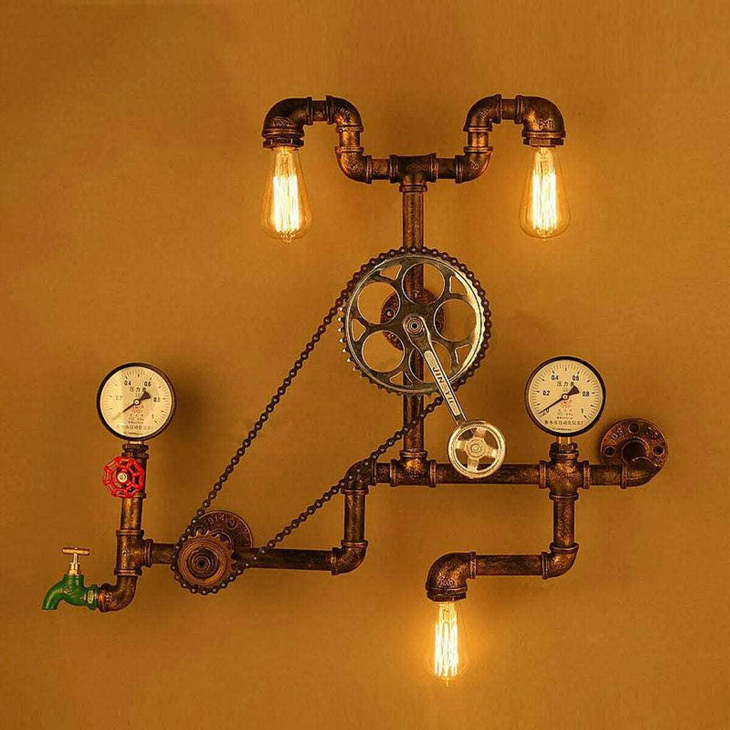 Steampunk industrial valve with grey copper finish, red switch, and visible brass components