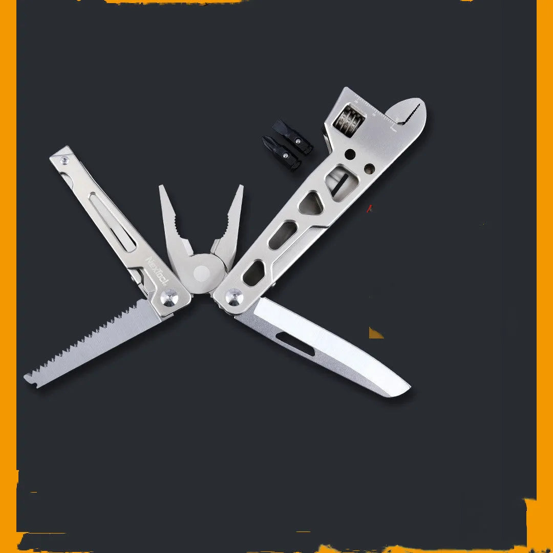 White stainless steel multi-function tool with wrench, knife and needle nose pliers measuring 13cm