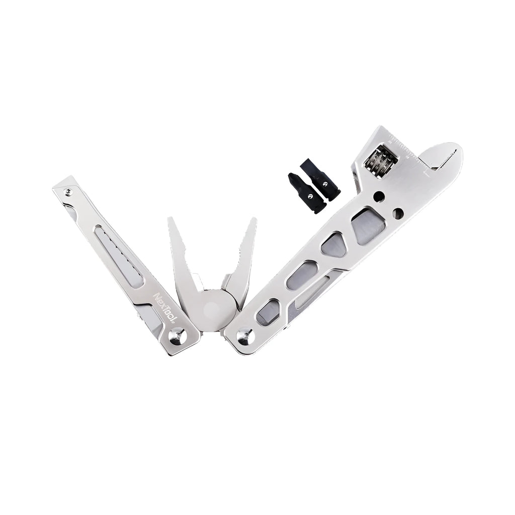 White stainless steel multi-function tool with wrench, knife and needle nose pliers measuring 13cm