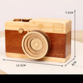 Wooden camera-shaped music box with rotating mechanism and mini carton packaging