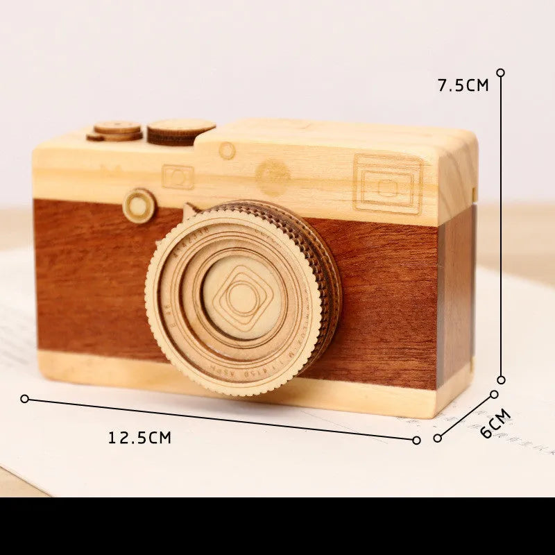Wooden camera-shaped music box with rotating mechanism and mini carton packaging
