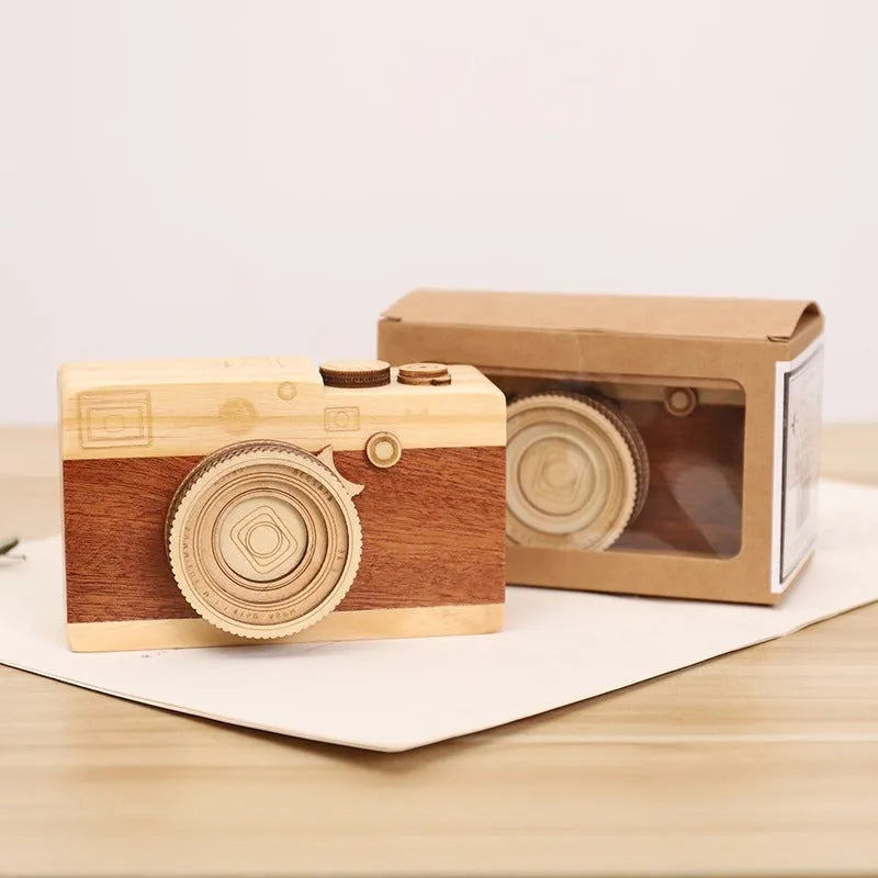 Wooden camera-shaped music box with rotating mechanism and mini carton packaging