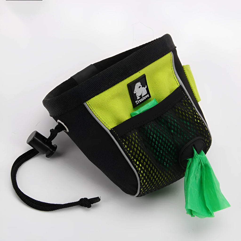 Dog training waist bag in green with removable garbage compartment and button closure