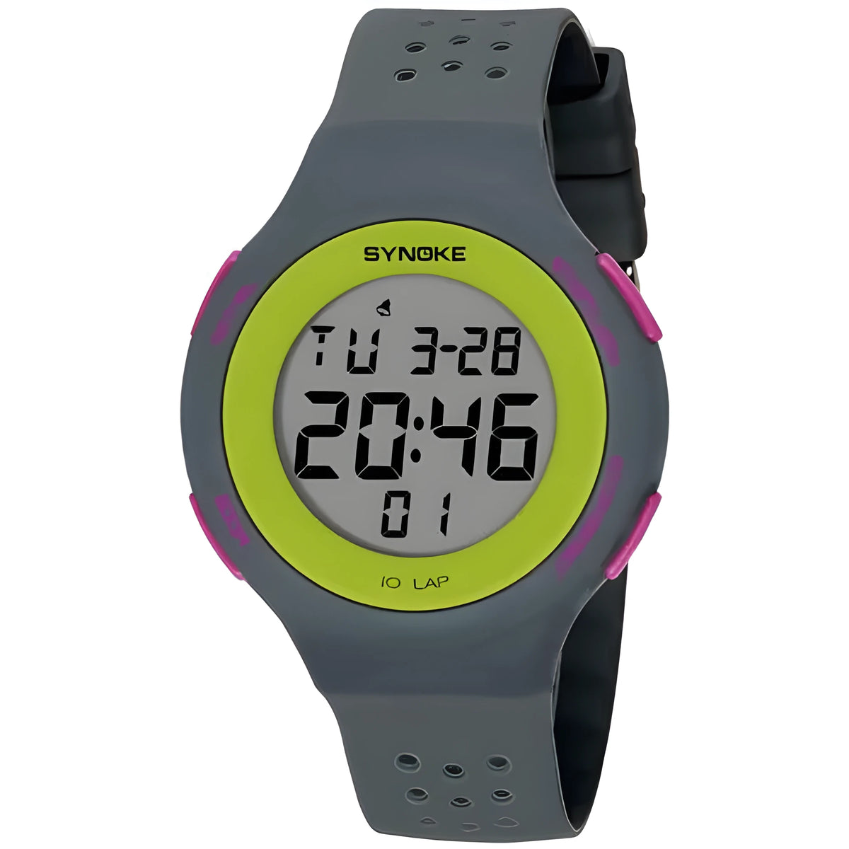 Thin LED sports watch with digital display showing 50m waterproof rating and luminous function