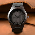 BOBO BIRD engraved wooden quartz watch with wood case, selectable sandalwood or real cowhide strap, and stainless steel buckle