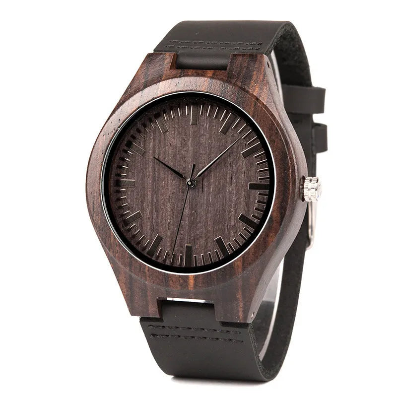 BOBO BIRD engraved wooden quartz watch with wood case, selectable sandalwood or real cowhide strap, and stainless steel buckle