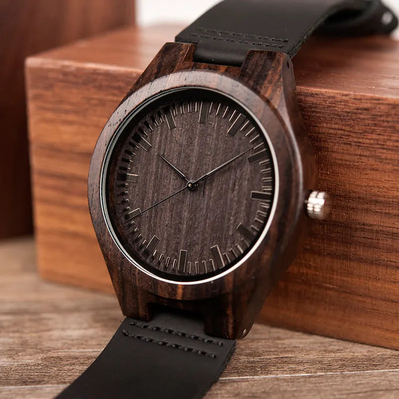 BOBO BIRD engraved wooden quartz watch with wood case, selectable sandalwood or real cowhide strap, and stainless steel buckle