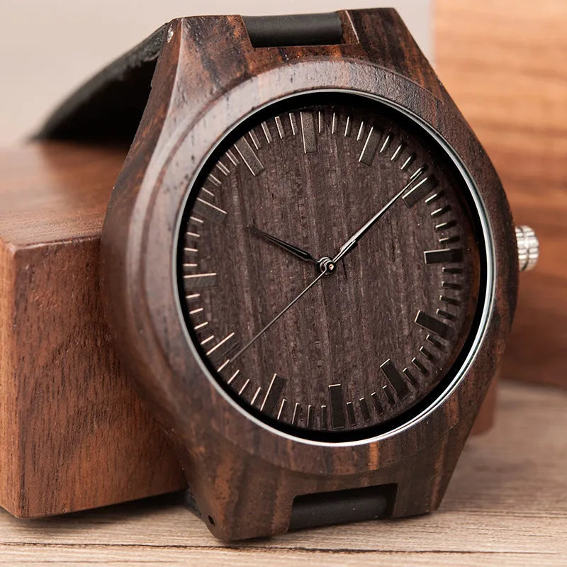 BOBO BIRD engraved wooden quartz watch with wood case, selectable sandalwood or real cowhide strap, and stainless steel buckle