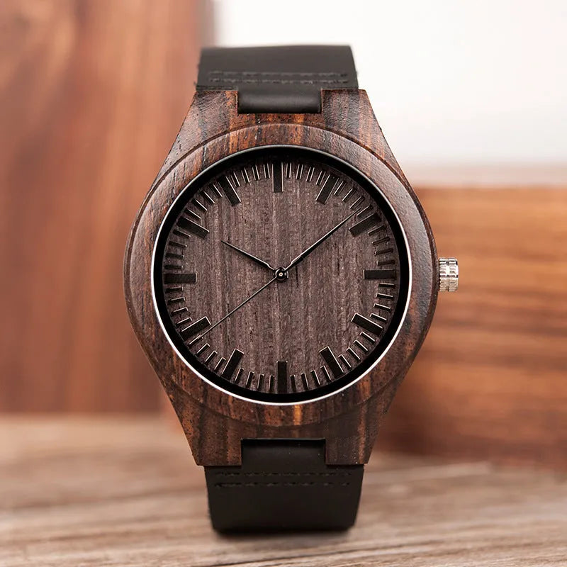 BOBO BIRD engraved wooden quartz watch with wood case, selectable sandalwood or real cowhide strap, and stainless steel buckle
