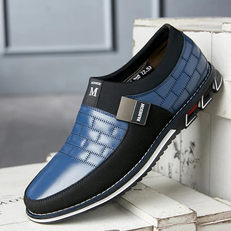 Men's large size black leather casual low-top shoes on a white background.