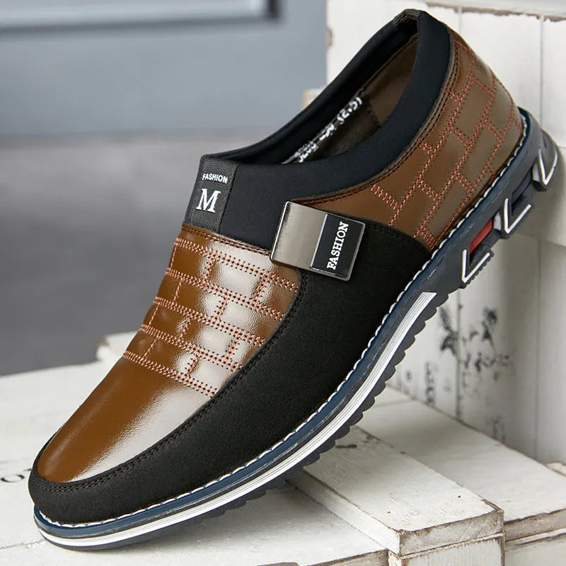 Men's large size black leather casual low-top shoes on a white background.