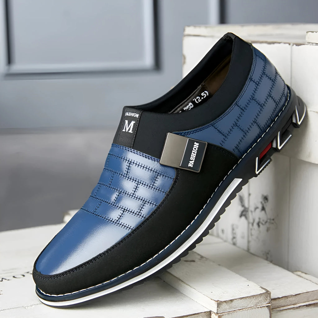 Men's large size black leather casual low-top shoes on a white background.