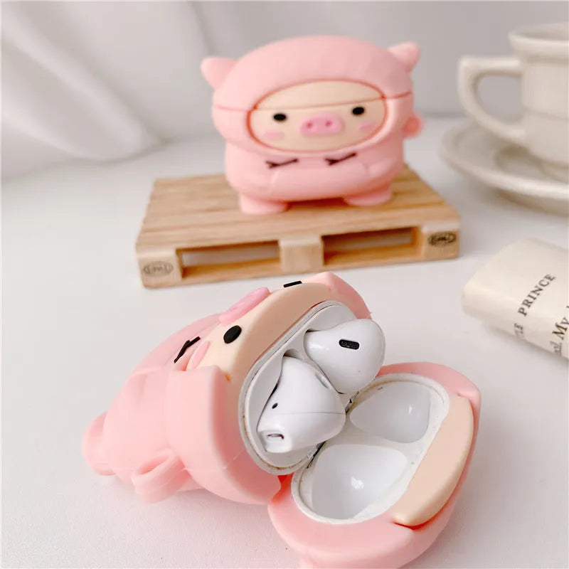 Pink pig cartoon design silicone cover for AirPods 1, 2, and Pro with carrying hook