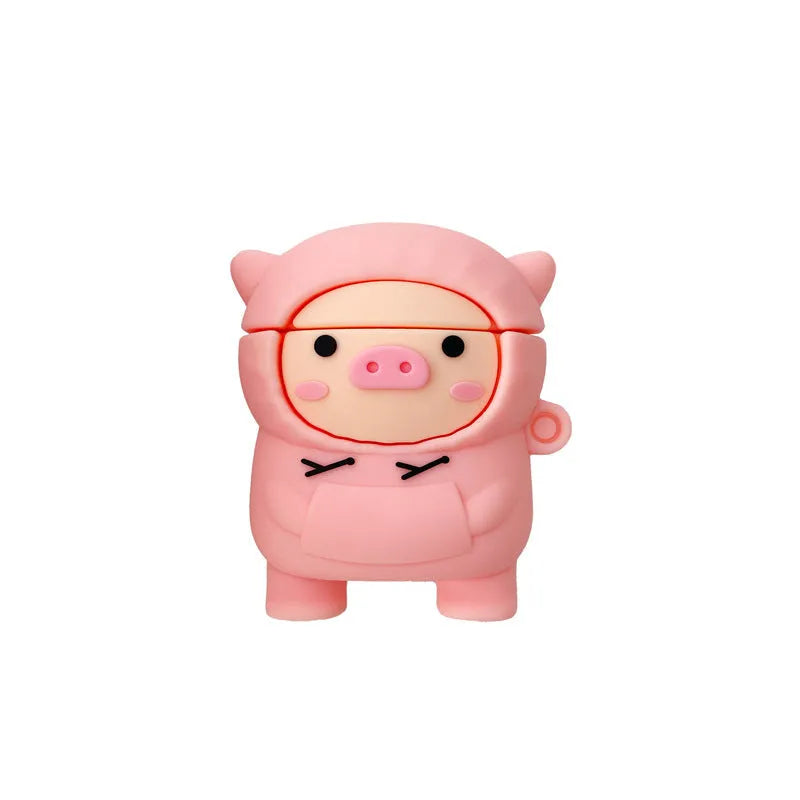 Pink pig cartoon design silicone cover for AirPods 1, 2, and Pro with carrying hook