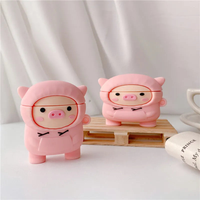 Pink pig cartoon design silicone cover for AirPods 1, 2, and Pro with carrying hook