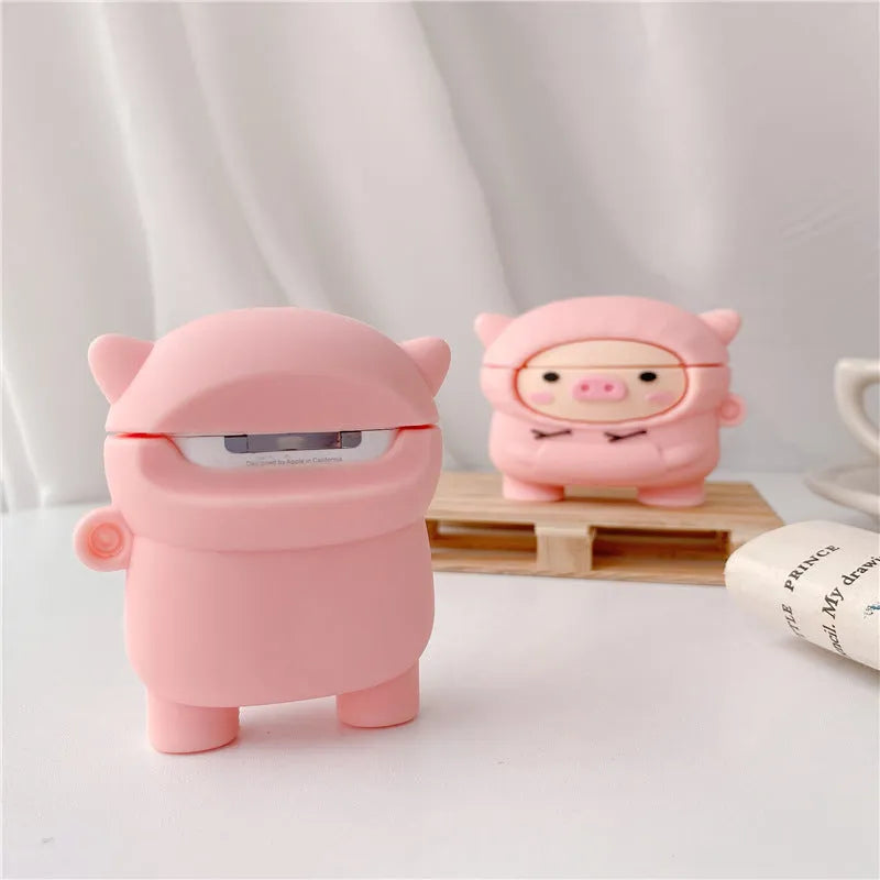 Pink pig cartoon design silicone cover for AirPods 1, 2, and Pro with carrying hook
