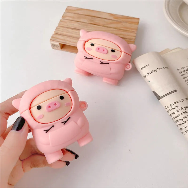 Pink pig cartoon design silicone cover for AirPods 1, 2, and Pro with carrying hook